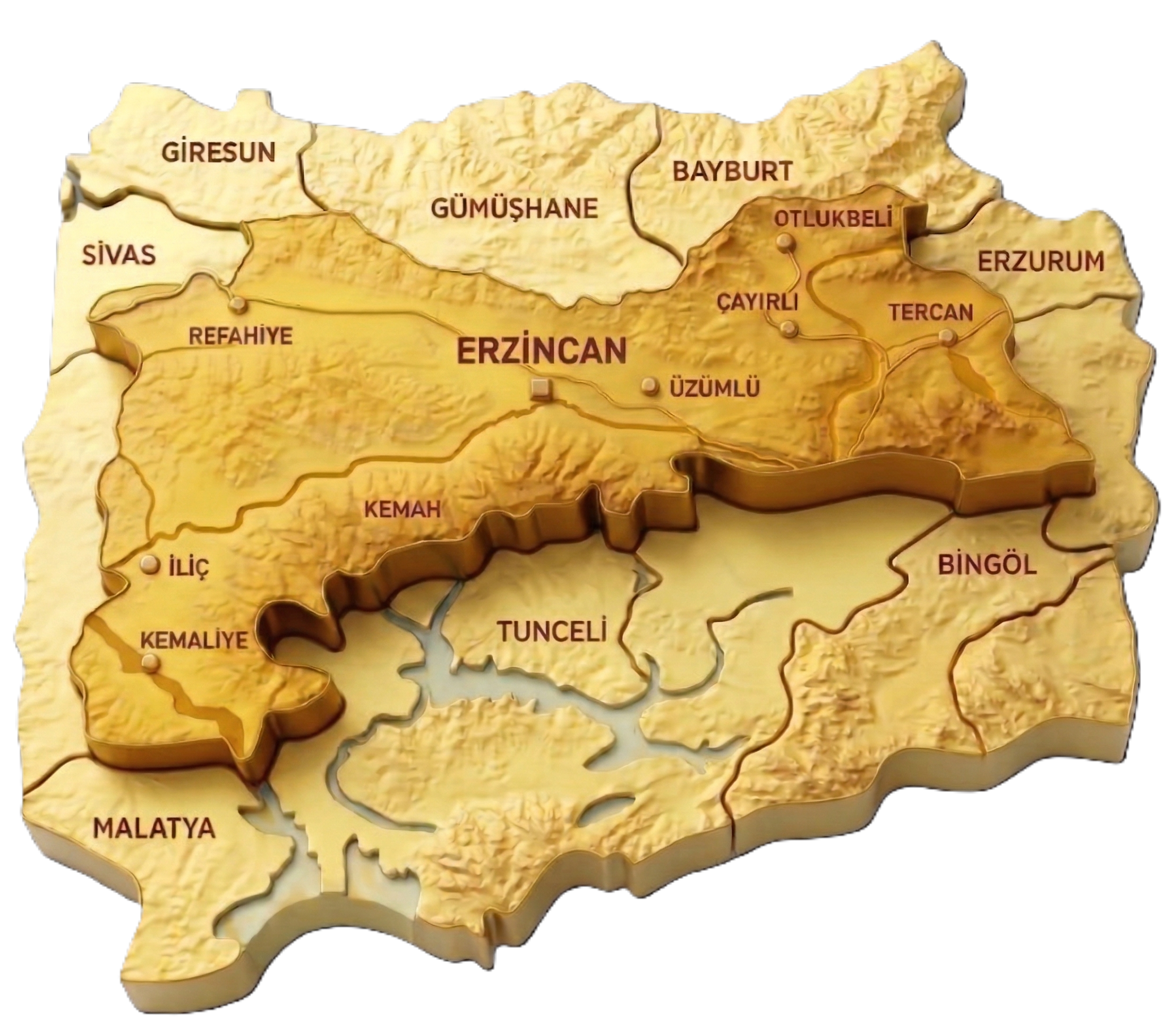 Erzincan ili üç boyutlu harita — ilçeler ve hizmet bölgesi görünümü